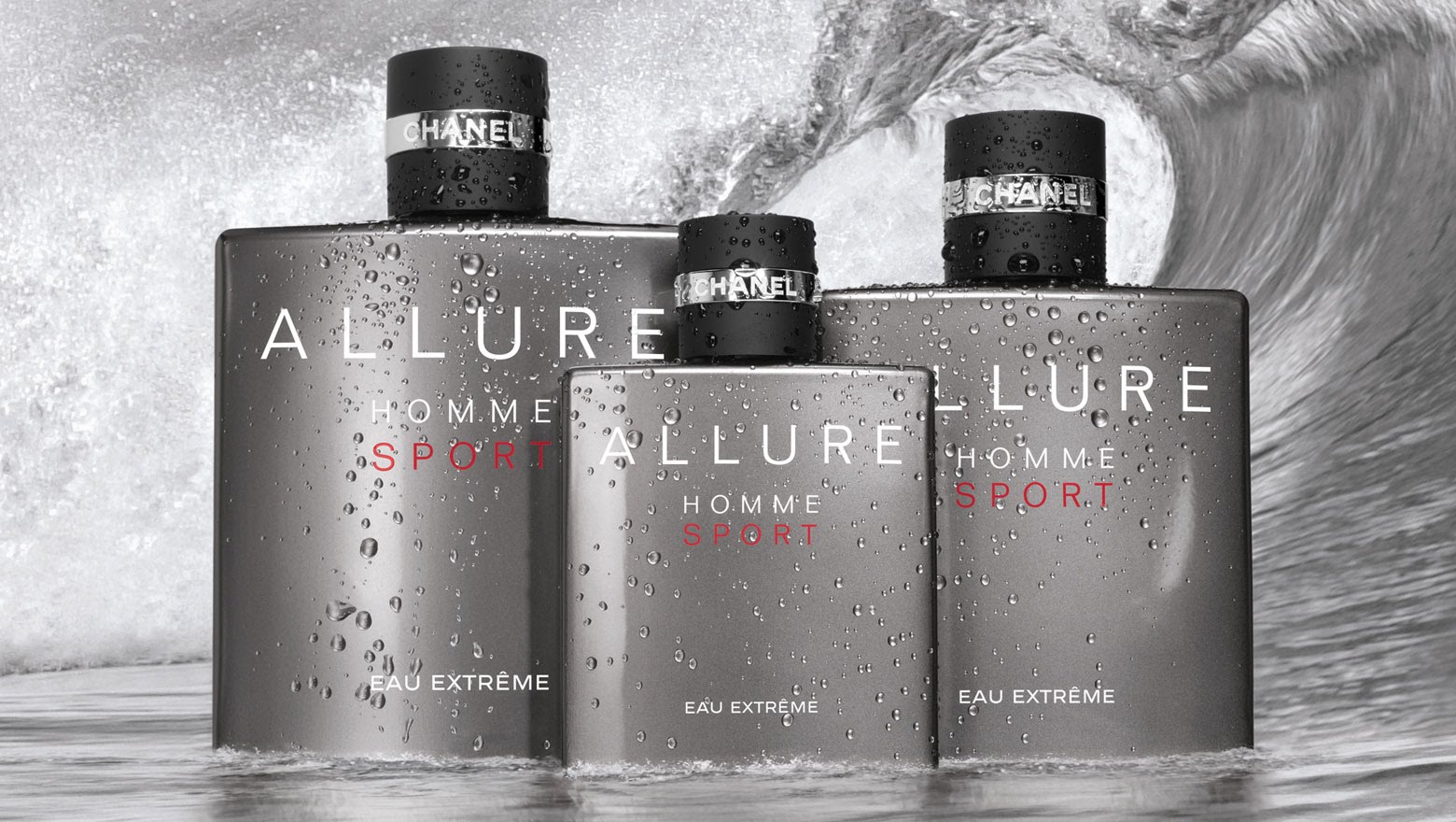 Allure Homme Sport Eau Extreme Chanel for men reklam afiş deniz dalgalar 3 şişe.jpg