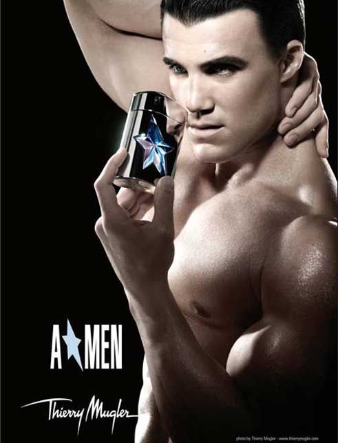 TM AMen reklam afişi Commercial üstü çıplak vücutlu erkek ve elinde Amen şişesi.jpg